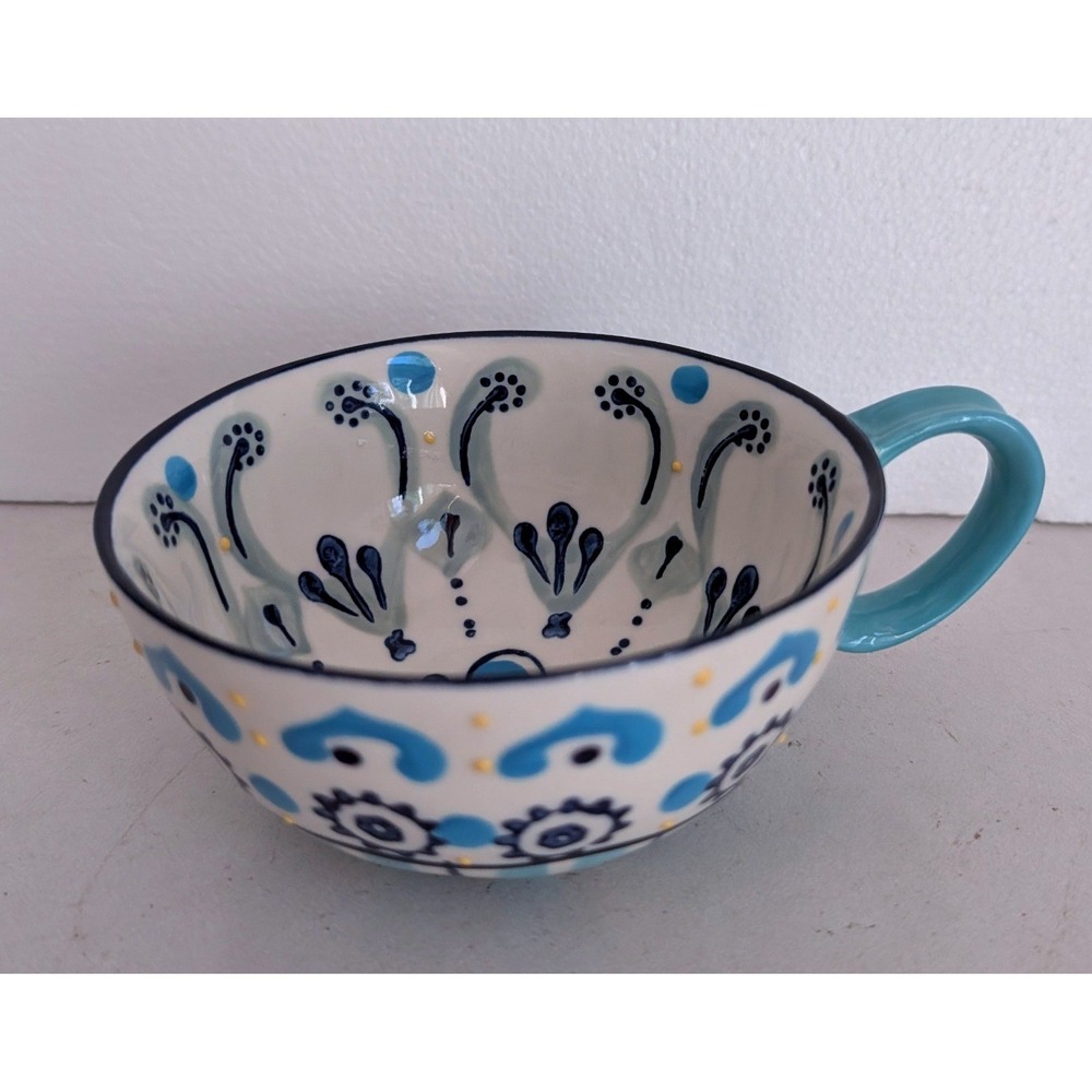 Anthropologie Handpainted Ceramic Soup Mug Blue Floral Cottagecore Cup